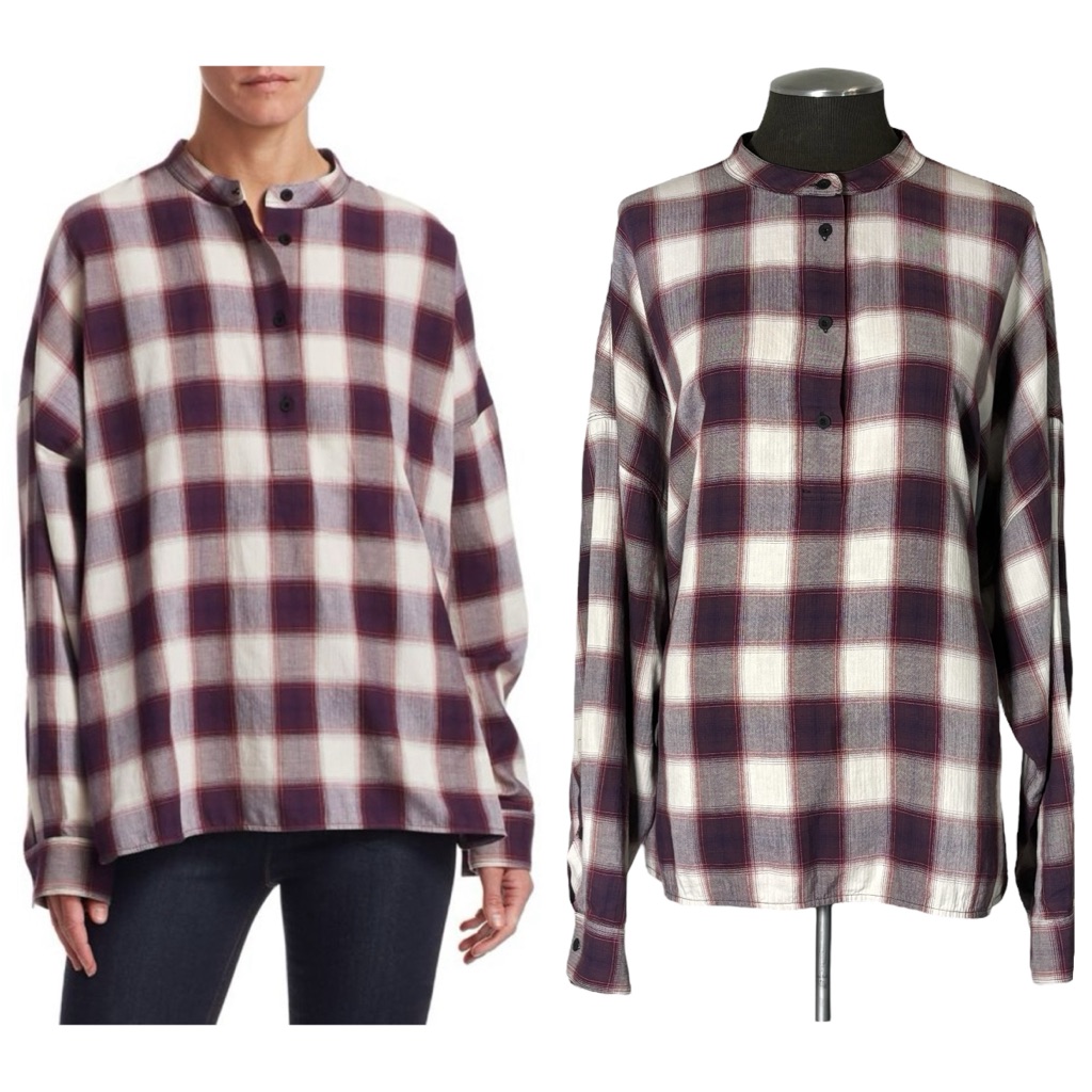 Elizabeth And James Flint Oversized Plaid Cotton Button Front Top - Large